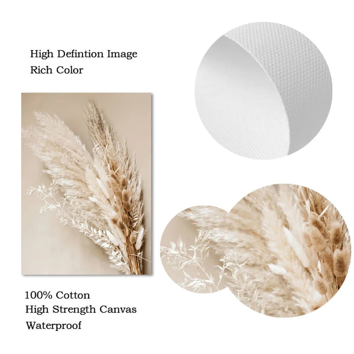 Lienzo decorativo de hierba de la pampa beige: impresiones nórdicas botánicas bohemias para decoración moderna de sala de estar o dormitorio (juego de 3)