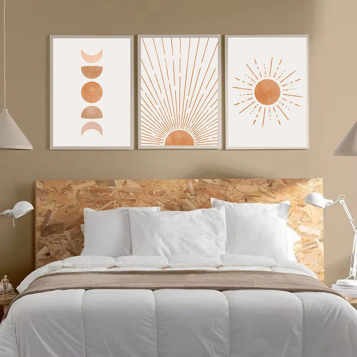 Lienzo bohemio de mediados de siglo con sol y luna: impresiones nórdicas abstractas para decoración moderna de sala de estar o dormitorio (juego de 3)