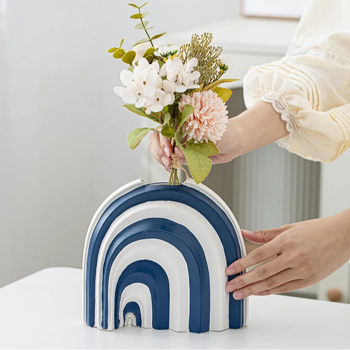 Blue and White Striped Ceramic Vase – Modern Decor