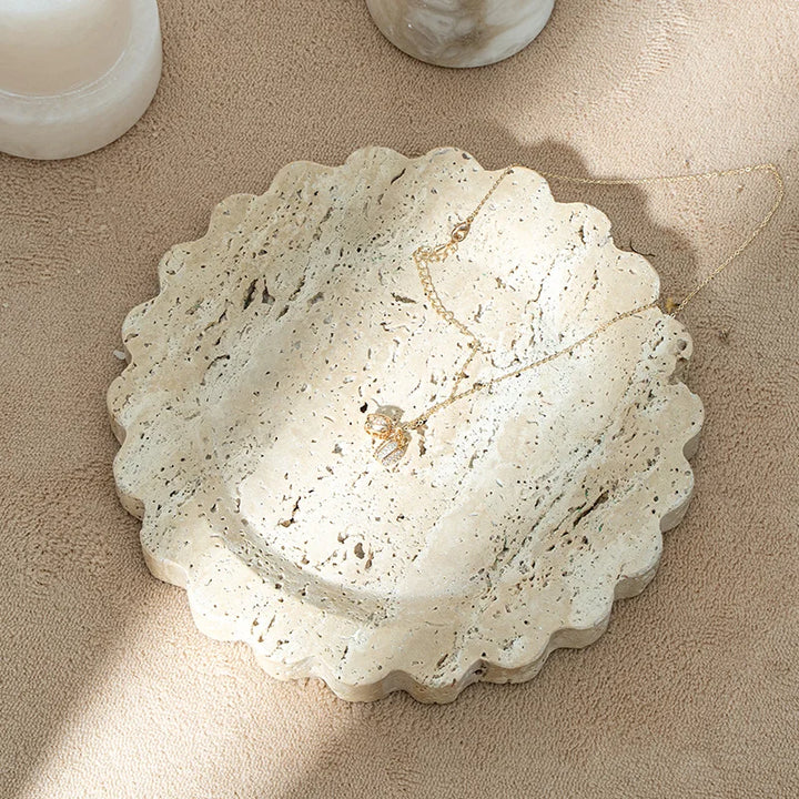 Natural Travertine Marble Tray – Scalloped Luxury Jewelry & Display Plate | Square Stone Organizer for Home & Vanity Decor
