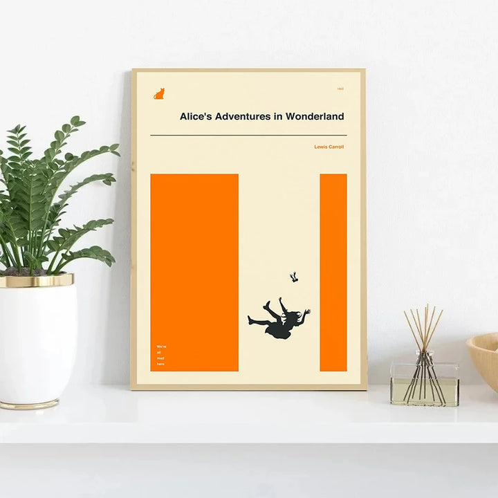 Minimalist Classic Book Cover Poster – Moby-Dick & Alice in Wonderland Canvas Wall Art | Literary Home Decor Print
