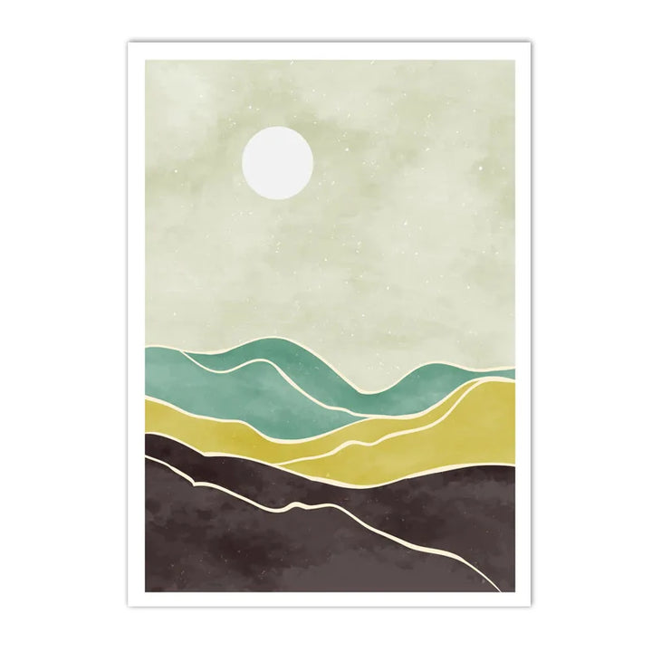 Boho Sunrise Landscape Canvas Print – Abstract Green & Orange Mountain Sun Wall Art for Living Room | Unframed Modern Poster Decor