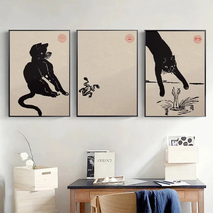 Vintage Japanese Black Cat Canvas – Animal Wall Art