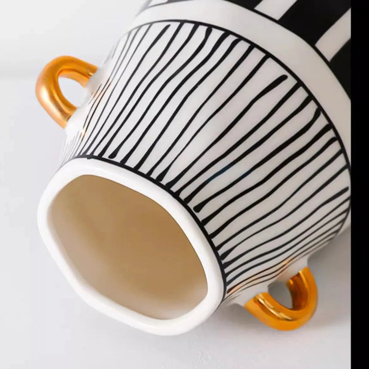 Black & White Striped Ceramic Vase – Modern Home Decor