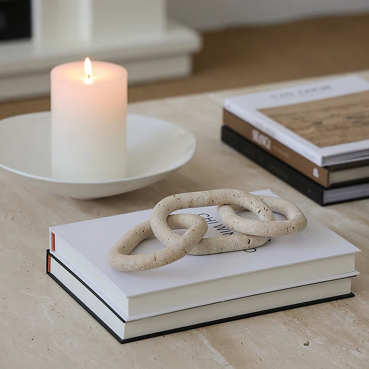 Rustic Travertine Chain Link Decor – Natural Stone Sculpture for Coffee Table, Bookshelf & Farmhouse Style | Modern Marble Accent