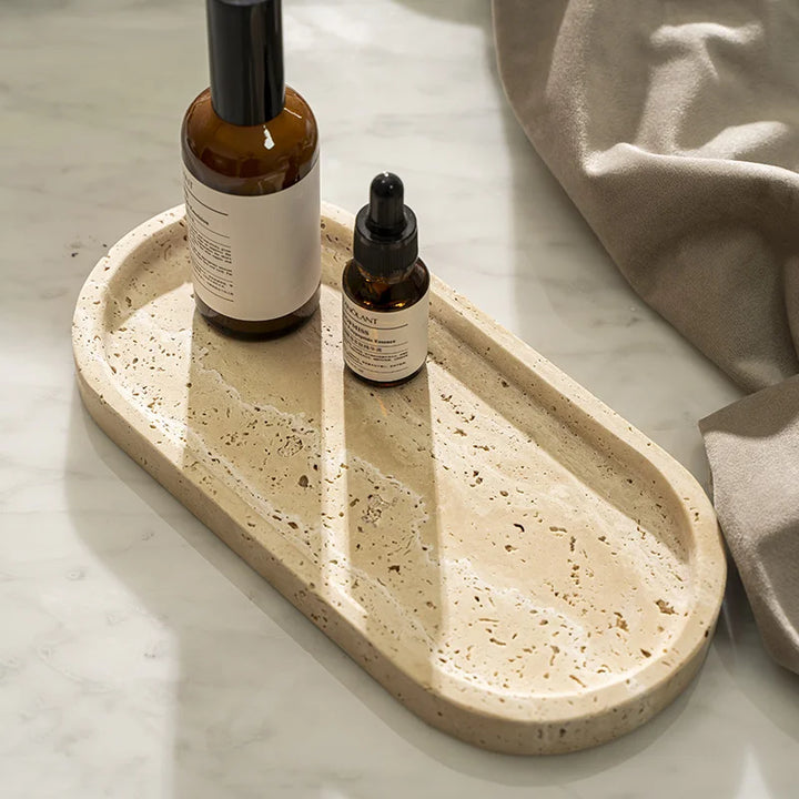 Travertine Stone Vanity Tray – Luxury Marble Organizer for Bathroom, Kitchen, Jewelry & Perfume Display