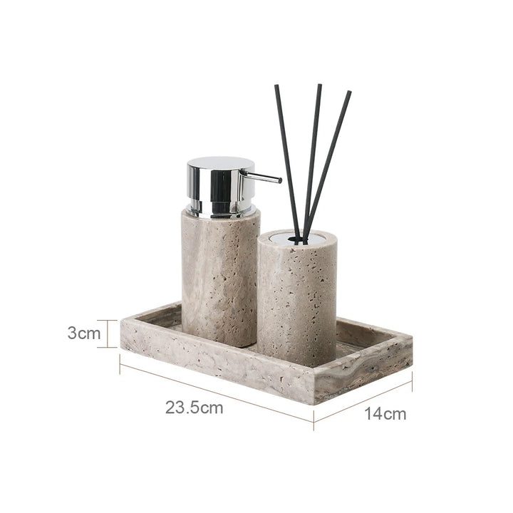 Travertine Bathroom Set – Natural Marble Soap Dispenser & Tray