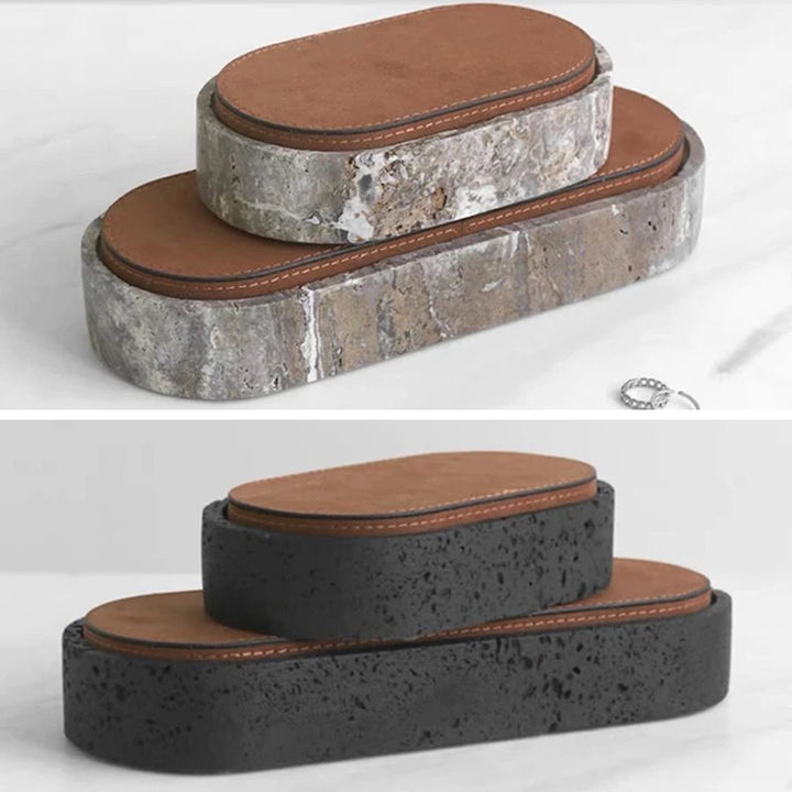 Vintage Travertine Jewelry Box – Luxury Oval Stone Container with Leather Cover for Earrings, Necklaces, and Accessories Storage