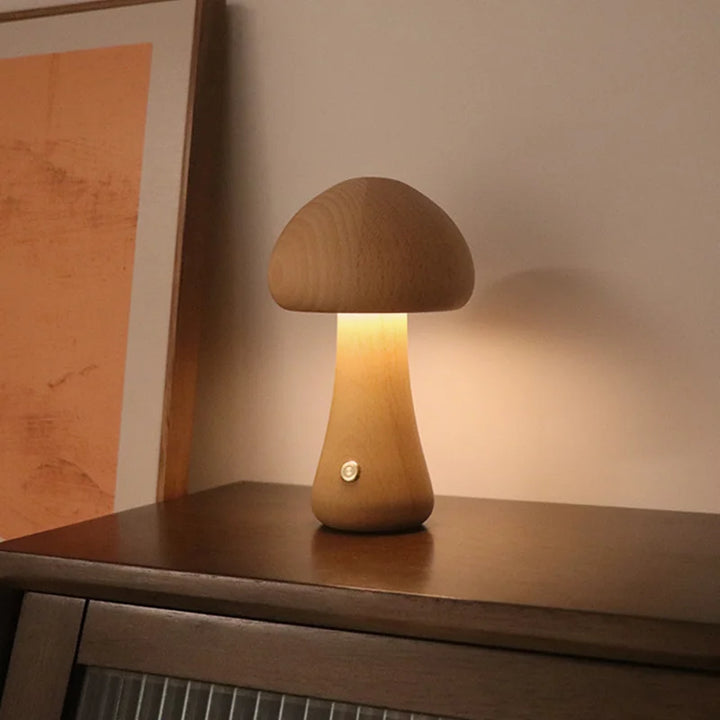 Cute Wooden Mushroom Night Light – Touch Bedside Lamp