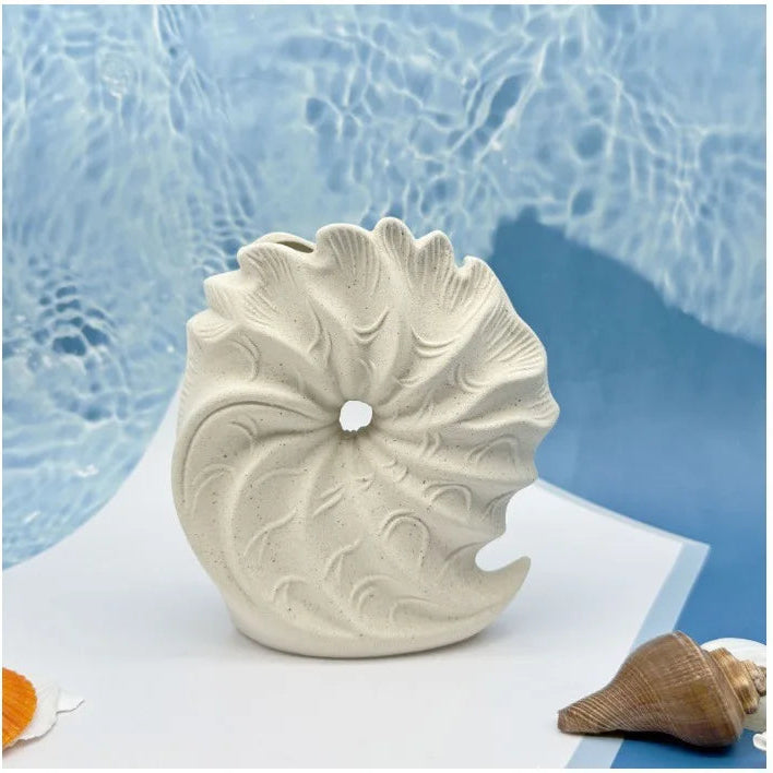 Beige Ceramic Conch Vase – Modern Coastal Table Decor