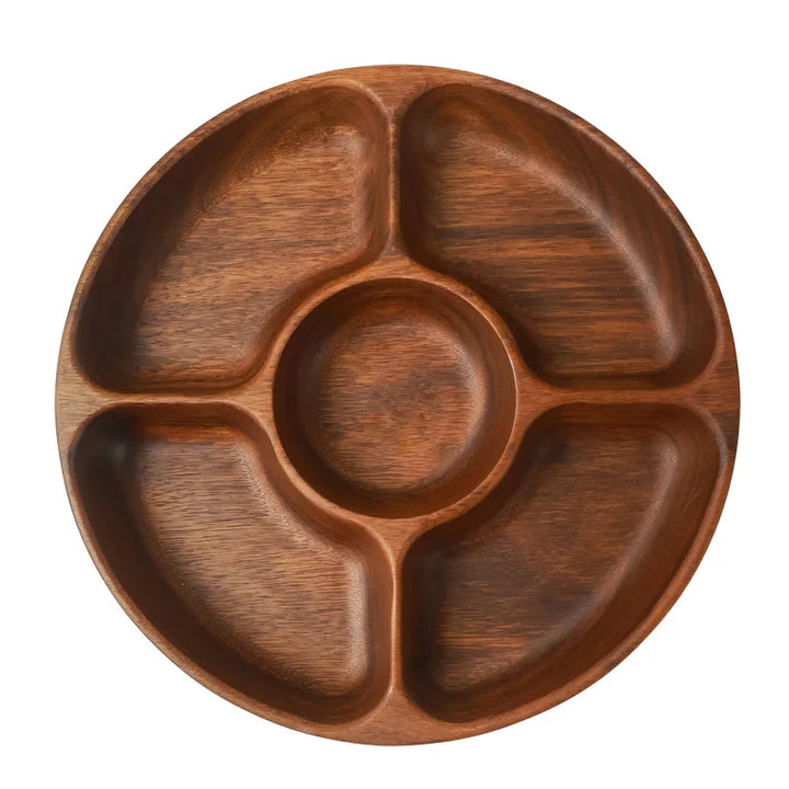 Acacia Wood Snack Plate – Solid Wood Multi-Compartment Tray for Dried Fruit, Nuts, Salad | Rustic Chinese Style Serving Bowl