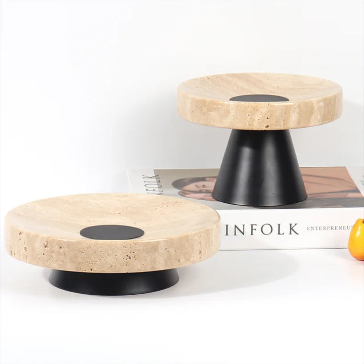 Beige Travertine Tray with Metal Base – Vintage Stone Stand