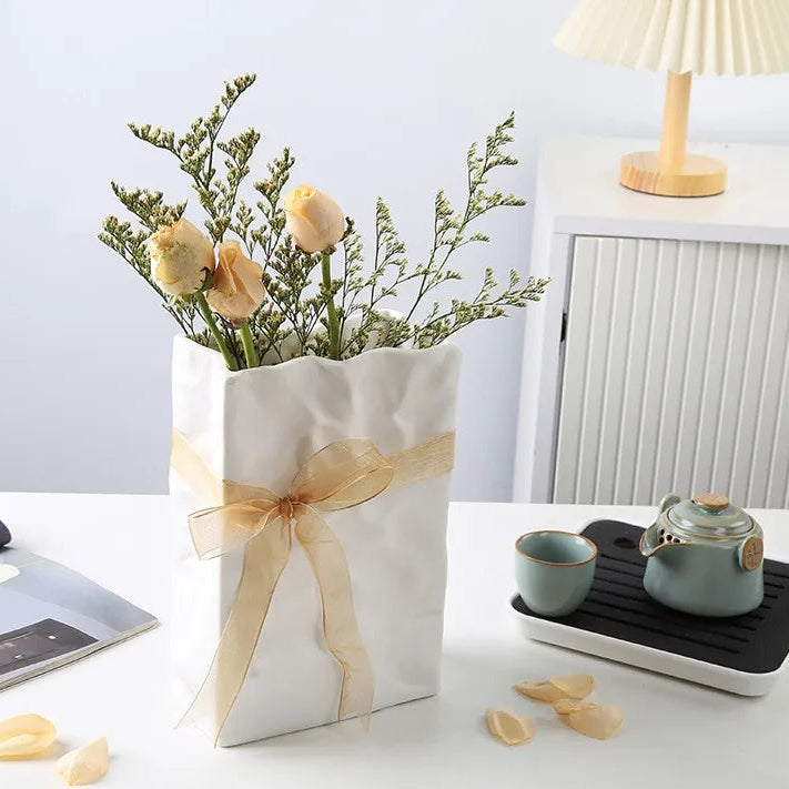 Ceramic Paper Bag Vase – Nordic Modern Home Decoration