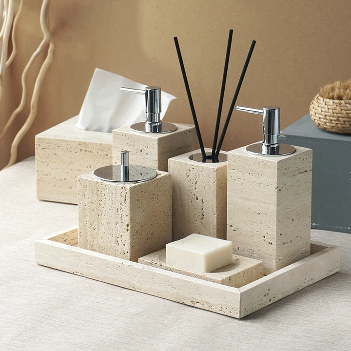 Beige Travertine Marble Bathroom Set – 9-Piece Natural Stone Accessories with Soap Dispenser, Diffuser, Tray & More