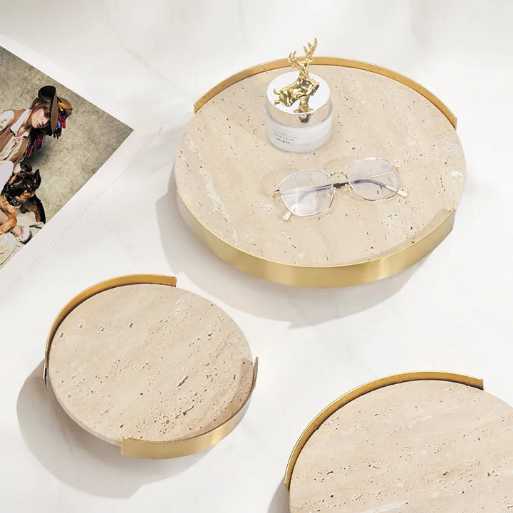 Round Travertine Tray with Metal Frame