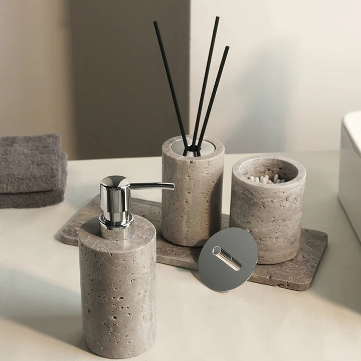 Grigio Travertine Bathroom Set – Antique Natural Stone Accessories with Soap Dispenser, Tray, Diffuser & More