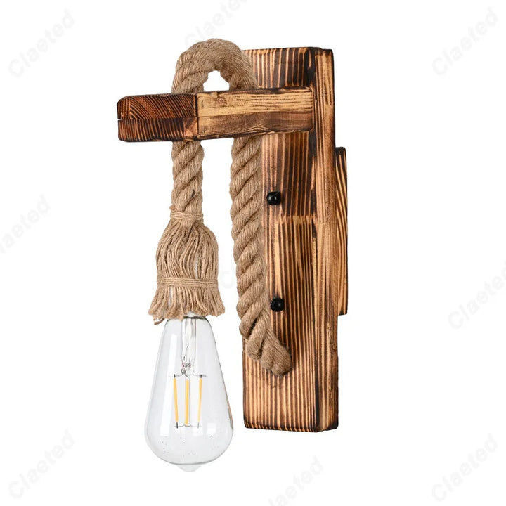 Retro LED Wall Lamp – Solid Wood & Hemp Rope Lighting