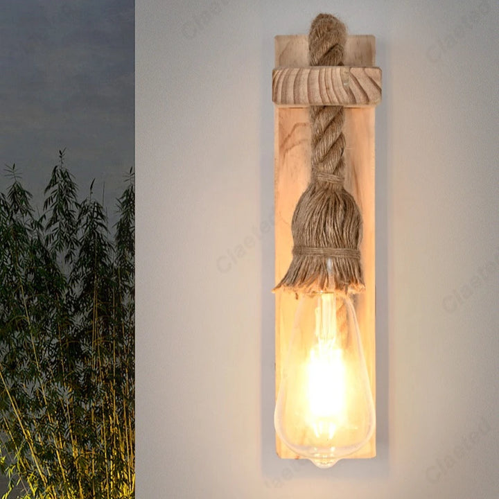 Retro LED Wall Lamp – Solid Wood & Hemp Rope Lighting