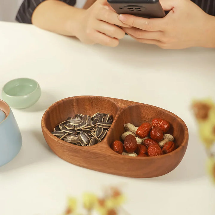 Acacia Wood Snack Plate – Solid Wood Multi-Compartment Tray for Dried Fruit, Nuts, Salad | Rustic Chinese Style Serving Bowl