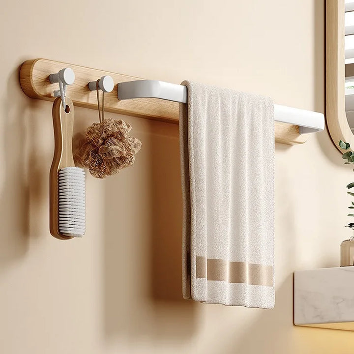 Wood & Aluminum Bathroom Towel Rack – No Punch Hook