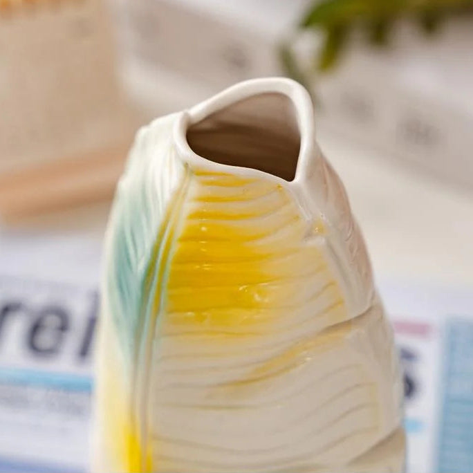 Modern Banana Leaf Ceramic Vase – Colorful Abstract Glazed Decor