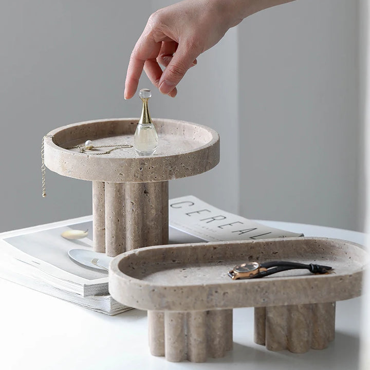 Luxury Travertine Marble Tray with Legs – Decorative Stone Serving Tray for Coffee Table, Vanity, or Candle Display