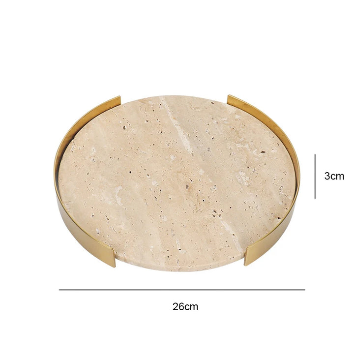 Round Travertine Tray with Metal Frame