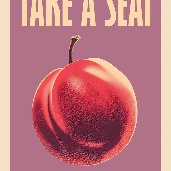 Funny Retro Bathroom Wall Art – “Take A Seat Sweet Cheeks” Canvas Print | Quirky Toilet Decor with Strawberry & Peach Design  2. Descrição Otimizada