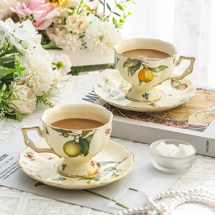 Vintage Lemon Porcelain Coffee Mug with Tray