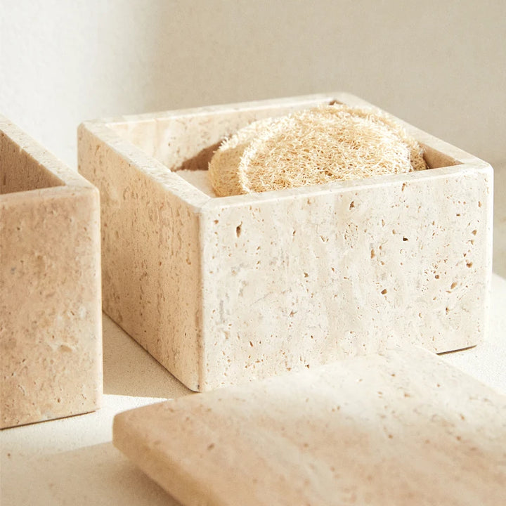 Natural Travertine Storage Jar – Marble Organizer Canister for Jewelry, Cotton Swabs, Makeup Pads & Bathroom Essentials
