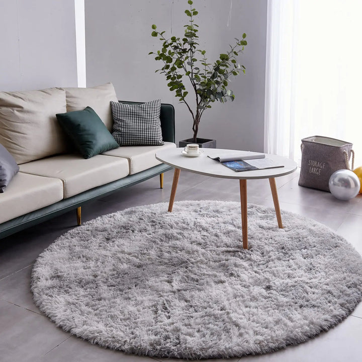 Round Plush Carpet – Gray Fluffy Area Rug for Living Room