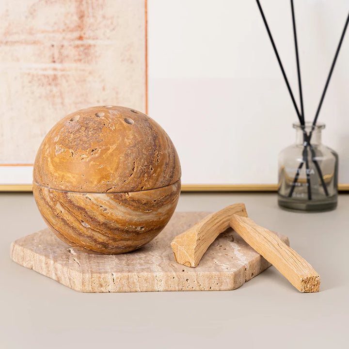 Natural Travertine Marble Incense Burner – Wabi-Sabi Ball-Shaped Stone Holder for Home & Spiritual Decor