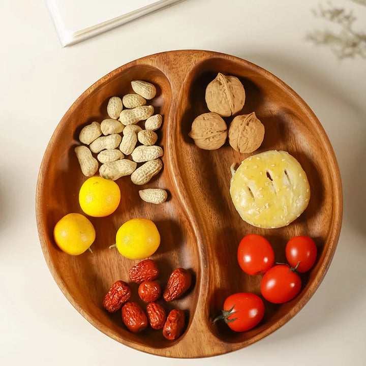 Acacia Wood Snack Plate – Solid Wood Multi-Compartment Tray for Dried Fruit, Nuts, Salad | Rustic Chinese Style Serving Bowl
