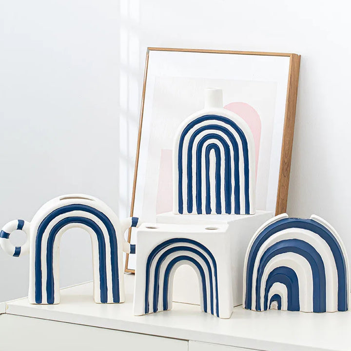 Blue and White Striped Ceramic Vase – Modern Decor
