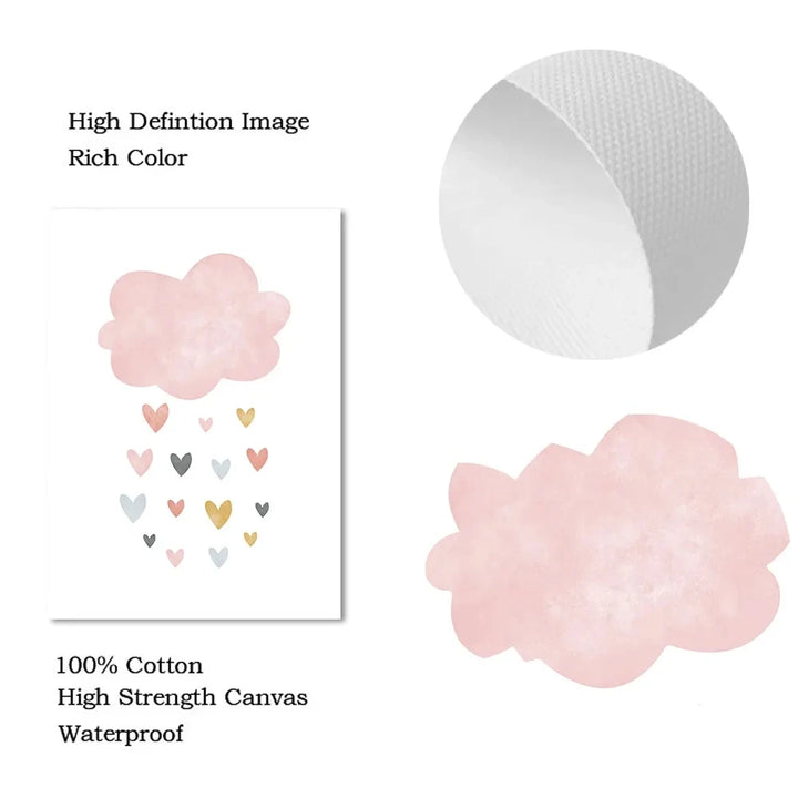 Pink Cartoon Cloud & Rainbow Canvas Prints – Nordic Nursery Wall Art for Baby and Kids Room Decor
