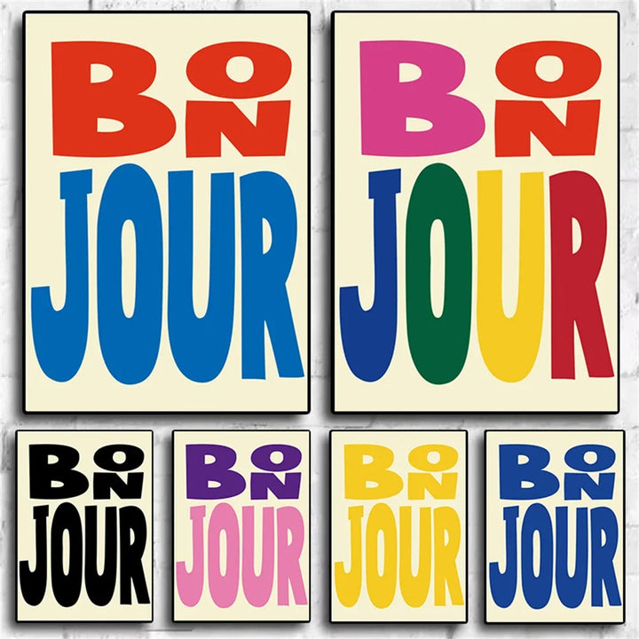 Abstract Colorful “Bon Jour” French Quote Canvas Wall Art – Modern Typography Print for Living Room & Home Decor