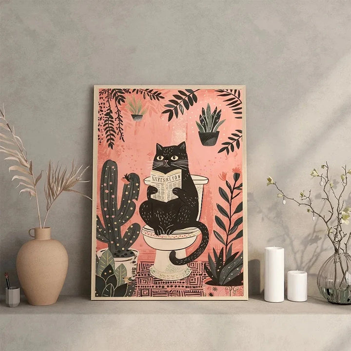 Póster divertido de gato negro leyendo en el inodoro, impresiones de animales para el baño, pintura en lienzo, arte de pared, imágenes para el inodoro, decoración del baño.