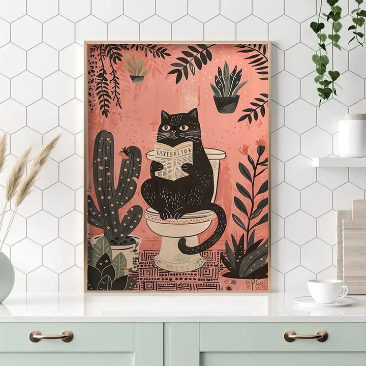 Póster divertido de gato negro leyendo en el inodoro, impresiones de animales para el baño, pintura en lienzo, arte de pared, imágenes para el inodoro, decoración del baño.