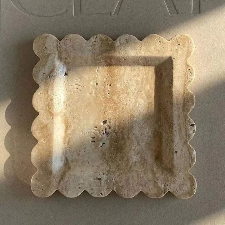 Natural Travertine Marble Tray – Scalloped Luxury Jewelry & Display Plate | Square Stone Organizer for Home & Vanity Decor