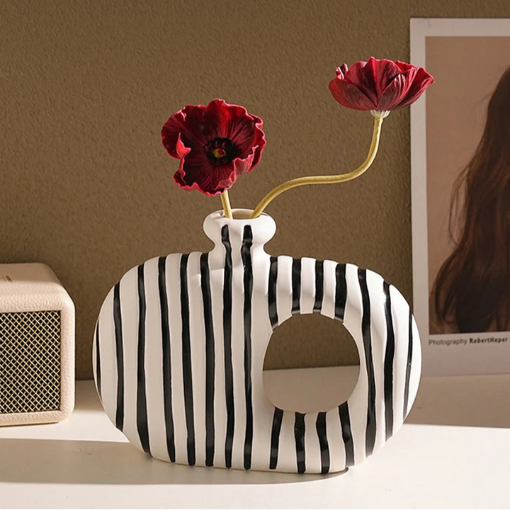 Zebra Striped Ceramic Vase – Modern Tabletop Decor