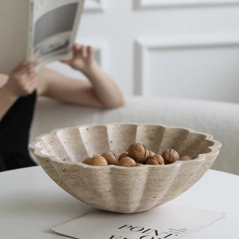Large Travertine Ruffle Bowl – Marble Serving Tray for Home Decor