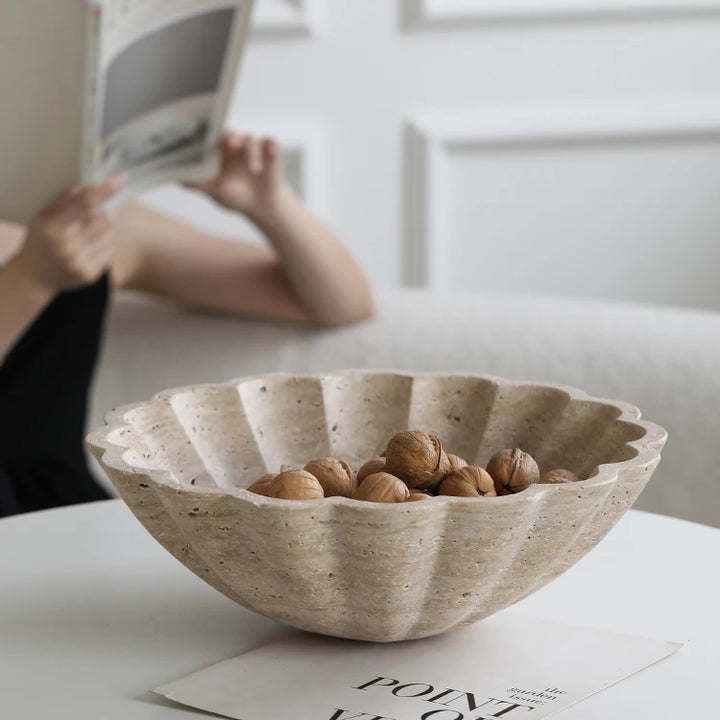 Large Travertine Ruffle Bowl – Marble Serving Tray for Home Decor