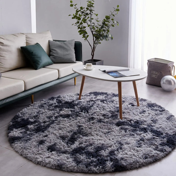 Round Plush Carpet – Gray Fluffy Area Rug for Living Room