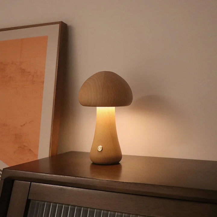 Cute Wooden Mushroom Night Light – Touch Bedside Lamp