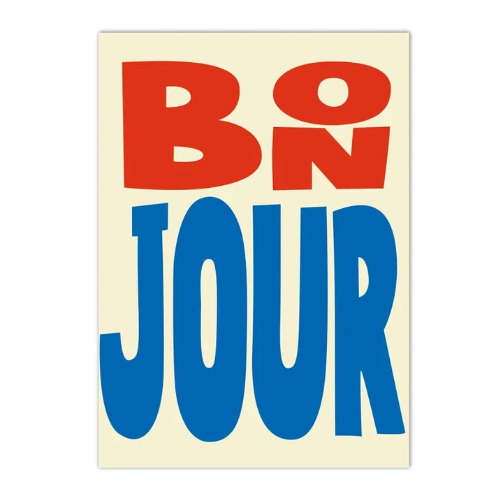 Abstract Colorful “Bon Jour” French Quote Canvas Wall Art – Modern Typography Print for Living Room & Home Decor