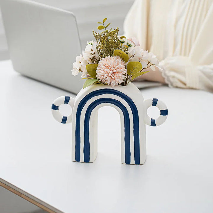 Blue and White Striped Ceramic Vase – Modern Decor