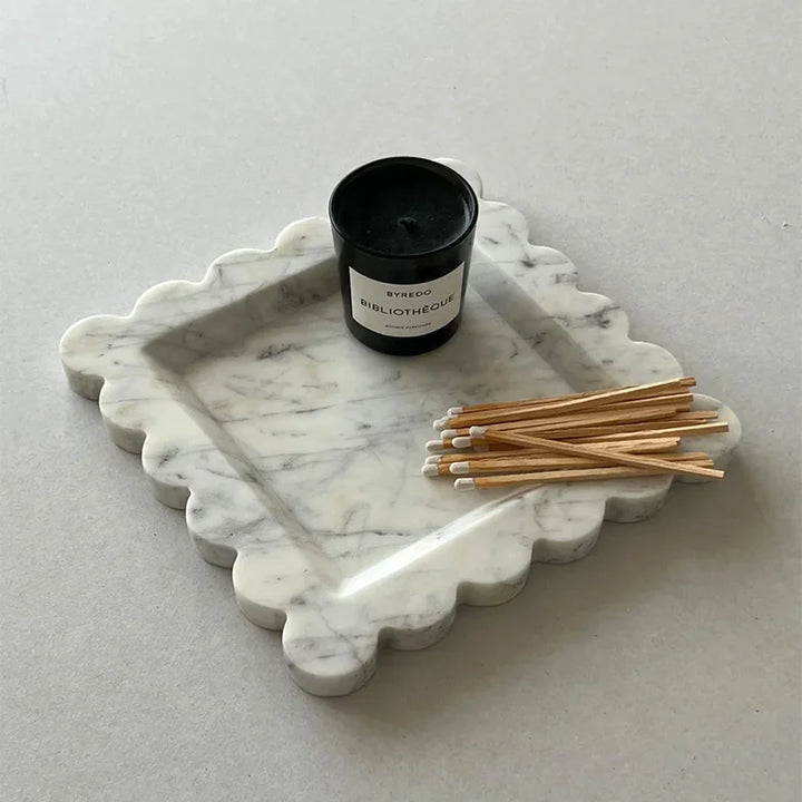 Natural Travertine Marble Tray – Scalloped Luxury Jewelry & Display Plate | Square Stone Organizer for Home & Vanity Decor