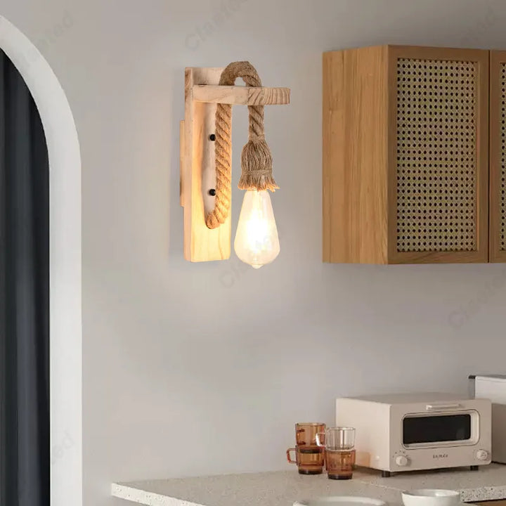 Retro LED Wall Lamp – Solid Wood & Hemp Rope Lighting