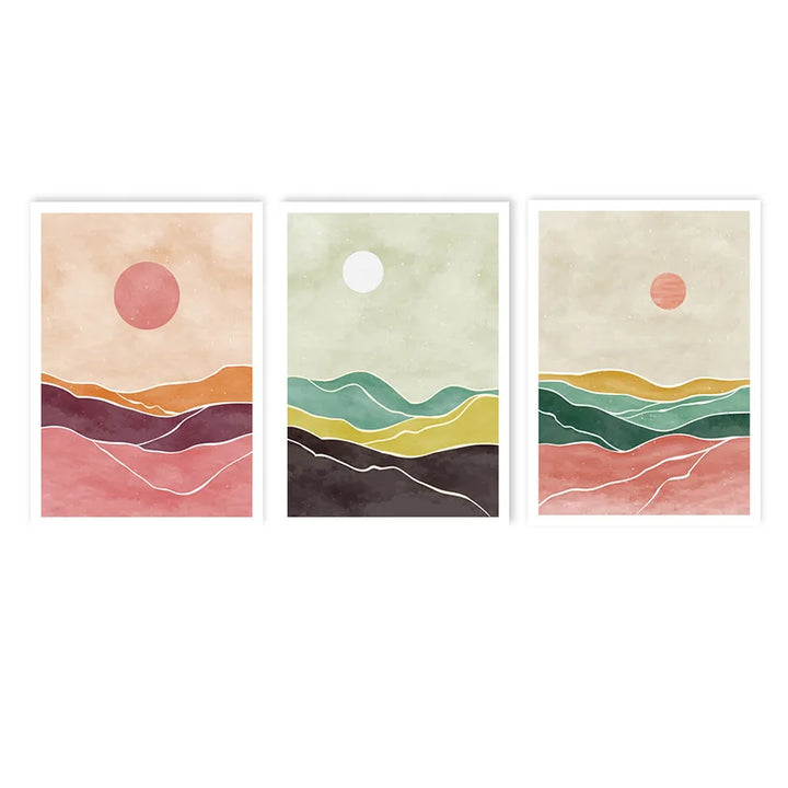 Boho Sunrise Landscape Canvas Print – Abstract Green & Orange Mountain Sun Wall Art for Living Room | Unframed Modern Poster Decor