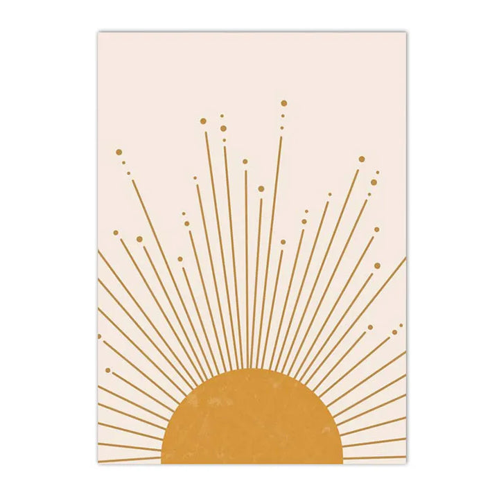 Terracotta & Mustard Sun Canvas Print – Abstract Boho Geometry and Leaf Art Mid-Century Wall Decor